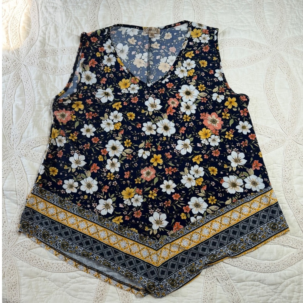 Lavish Tank Top Navy Blue Floral Handkerchief Hem Festival Boho Cottagecore XL